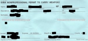 A nonprofessional "permit to carry" gun license for the state of Iowa. (Image courtesy of usacarry.org)